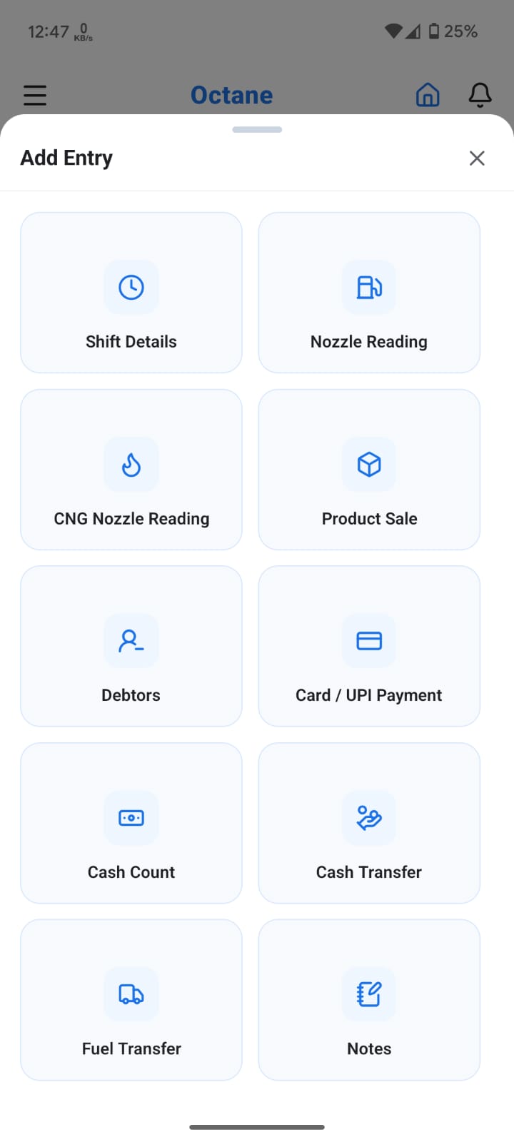 Add Entry sheet listing shift details, nozzle reading, CNG nozzle reading, product sale, debtors, card or UPI payment, cash count, cash transfer, fuel transfer and notes