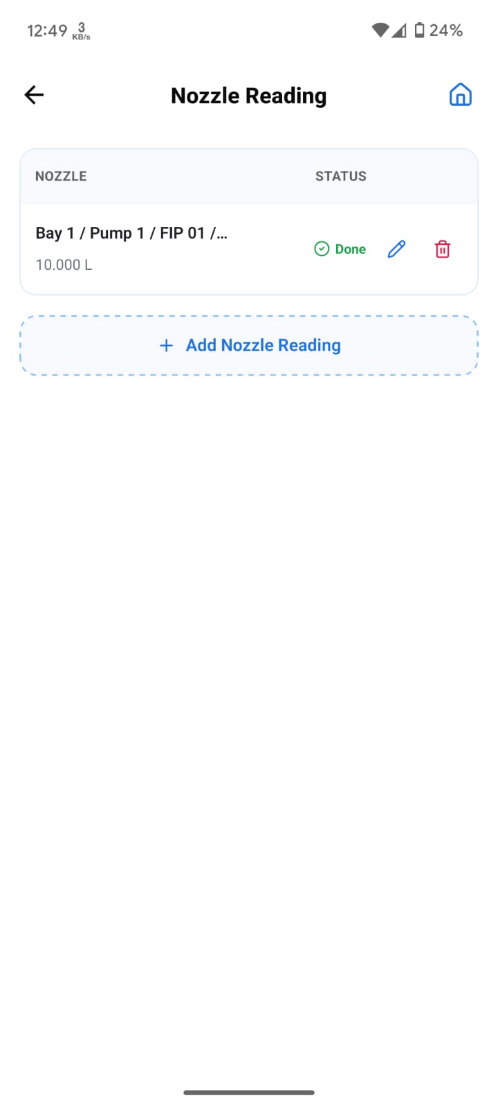 Nozzle Reading list showing a completed nozzle with edit and delete buttons