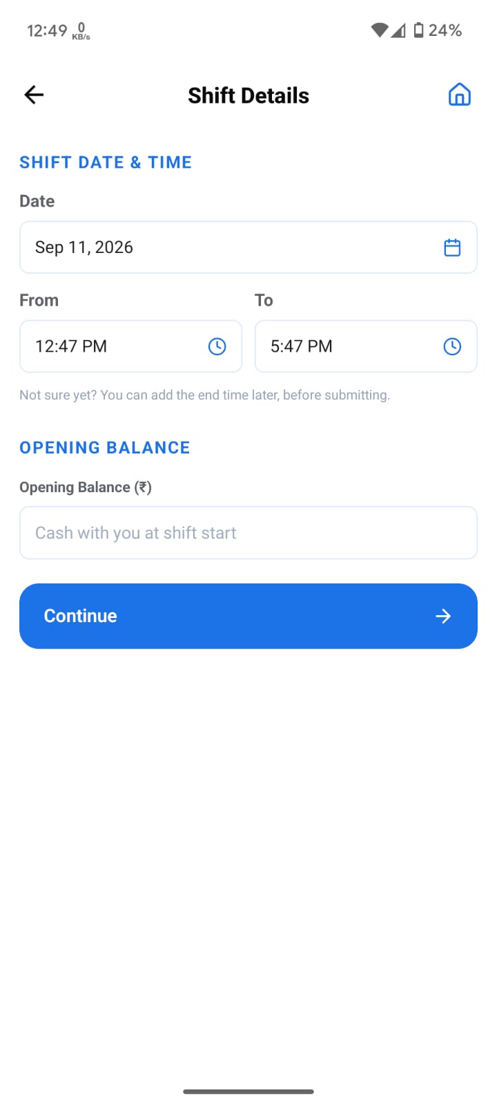 Shift Details form with date, from and to times and opening balance