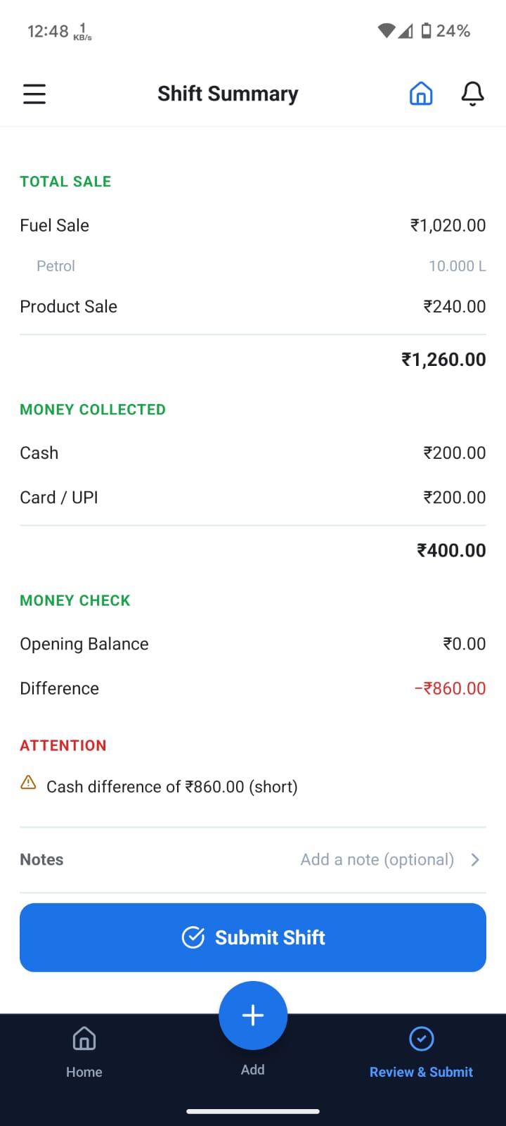 Octane attendant app shift summary showing total sale, money collected and a cash difference warning