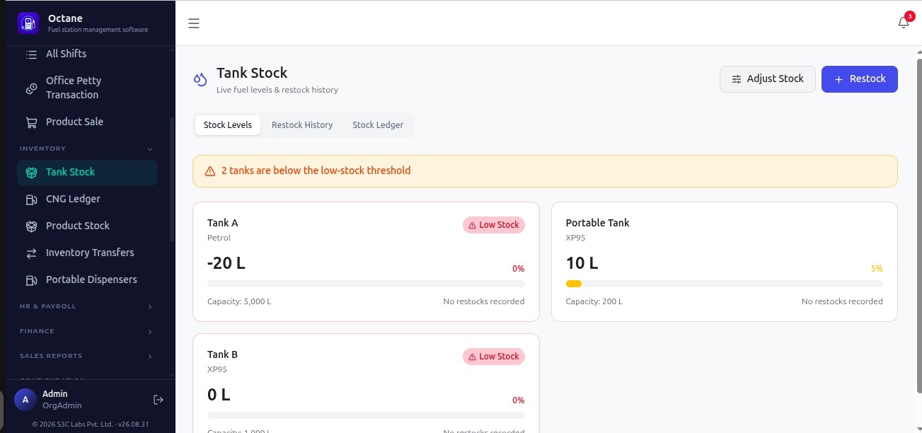 Tank Stock page with a low-stock warning banner and a card for each tank showing level, capacity and restock status